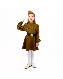 Карнавальный костюм военного: платье с длинными рукавами, пилотка, ремень, габардин, п/э, размер 32, 122-128 см Страна карнавалия