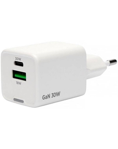 Зарядное устройство сетевое Cablexpert MP3A-PC-63 Зарядное устройство Cablexpert 30Вт GaN, 3А, QC4.0/PD, 1xUSB, 1xType-C, белый, пакет