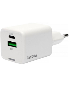 Зарядное устройство сетевое Cablexpert MP3A-PC-61 Зарядное устройство Cablexpert 20Вт GaN, 3А, QC4.0/PD, 1xUSB, 1xType-C, белый, пакет