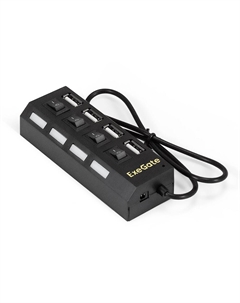 Концентратор EX293977RUS 4-в-1 (кабель-адаптер USB2.0 --> 4xUSB2.0, кнопки включения/отключения для каждого порта, Plug&Play, черный) Exegate