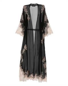 Шелковый халат с кружевом Calais-Caudry, черный Carine gilson