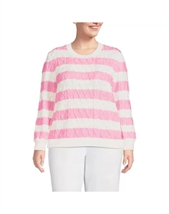 Объемный свитер с арановыми косами и круглым вырезом, цвет pink classic stripe Lands' end