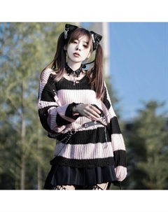 Свитер Весенне-Осенний Женский, Черный Белый Рваный Tokyo season