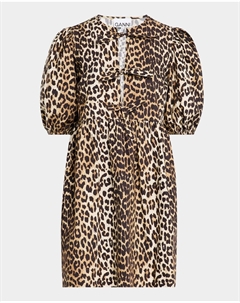 Мини-платье с леопардовым принтом и завязками спереди и пышными рукавами, цвет Leopard Ganni
