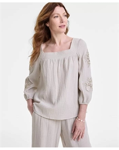 Женский топ из хлопкового газа с цветочными аппликациями, коричневый/бежевый Jm collection