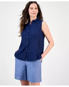 Женская рубашка без рукавов из 100% льна с застежкой на пуговицы спереди, синий Charter club