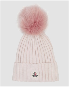 Шерстяная шапка в рубчик с меховым помпоном, цвет Light Pink Moncler