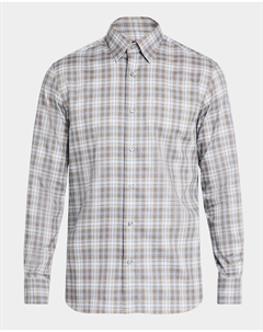 Мужская повседневная рубашка на пуговицах из хлопка в клетку, цвет White Beig Brioni