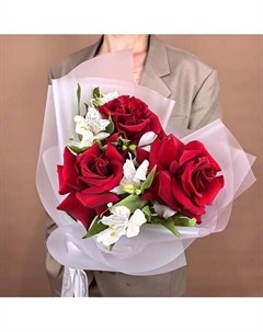 Красные французские Розы 3 шт с Альстромерией Dari цветы