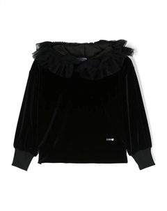 Бархатное худи с тюлем пуэн-деспри, черный Monnalisa