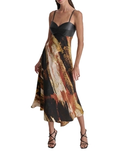 Платье-комбинация из искусственной кожи и атласа с принтом, цвет Black Paint Dkny