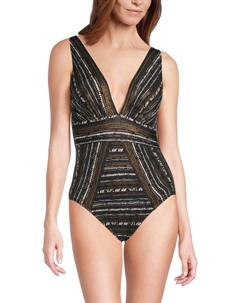 Слитный купальник с глубоким вырезом и металлическим принтом в полоску, цвет Black Blue Multi Miraclesuit