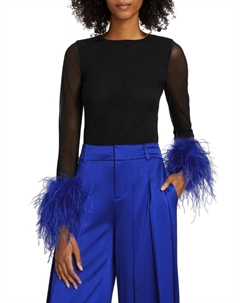 Топ Delaina с сетчатой отделкой и перьями, цвет Black Royal Alice+olivia