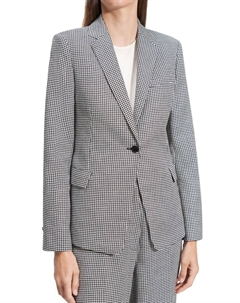 Приталенный блейзер из льняной смеси с узором гусиная лапка, черный/белый Theory