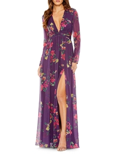 Платье с цветочным принтом и разрезом, цвет Purple Multi Mac duggal