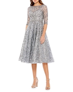 Расклешенное платье с декоративным вырезом и иллюзией, цвет Platinum Mac duggal