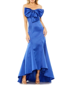 Атласное платье с бантом и асимметричным лифом, цвет Cobalt Mac duggal