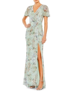 Платье-футляр с рукавами-бабочками и пайетками, цвет Sea Mist Multi Mac duggal