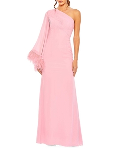 Платье на одно плечо с перьями и сборками, цвет Rose Mac duggal