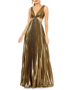 Платье А-силуэта с плиссированным вырезом, цвет Antique Gold Mac duggal