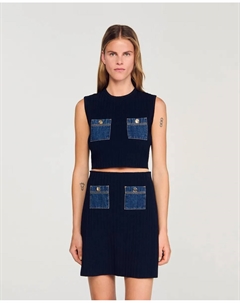 Женский топ из трикотажа и денима, темно-синий Sandro