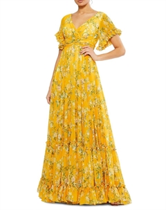 Платье макси с цветочным принтом и воланами, цвет Yellow Multi Mac duggal