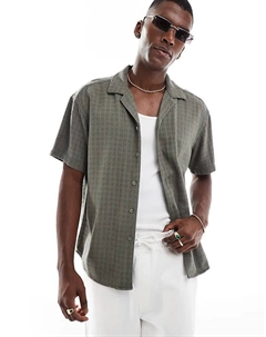 Текстурированная льняная рубашка цвета хаки с короткими рукавами Only & sons