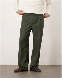 Широкие брюки со складками спереди из зеленой ткани с начесом Asos design