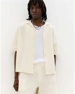 Рубашка в деревенском стиле с короткими рукавами, бежевого цвета Pull & bear