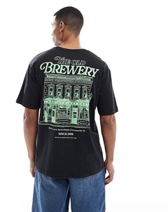 Футболка свободного кроя с принтом пивоварни на спине черного цвета Only & sons