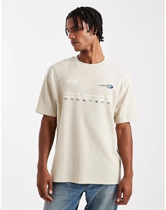 Футболка свободного кроя с рукавами реглан и спортивной графикой бежевого цвета с вафельной текстурой Asos design