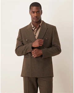 Двубортный пиджак с узором «ёлочка» коричневого цвета из шерстяной смеси Asos design