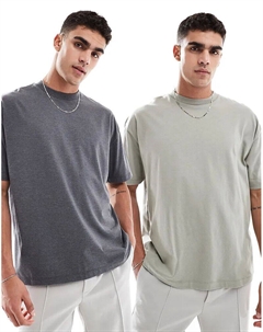 Набор из 2 футболок свободного кроя в цвете «меланжевый серый» и «хаки зеленый» Asos design