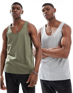 Комплект из 2 маек-топов Essential в цвете «серый меланж» и «зеленый хаки» Asos design