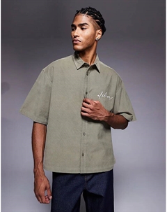 Рубашка свободного кроя вельветовая с вышивкой на груди темно-синего цвета Asos design