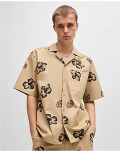 Мужская хлопковая рубашка с цветочным принтом, короткий рукав, коричневый Hugo