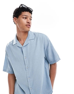 Рубашка с короткими рукавами из льняной смеси синего цвета Pull & bear