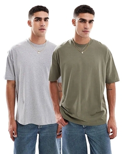 Набор из 2 футболок свободного кроя в цвете «меланжевый серый» и «хаки зеленый» Asos design