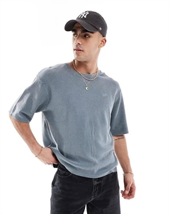 Трикотажная стираная футболка синего цвета Pull & bear