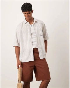 Рубашка свободного кроя в бежевую полоску с вышивкой на груди Asos design