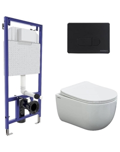 Комплект унитаза с инсталляцией Novum 043238 с сиденьем Микролифт и Черной Soft Touch клавишей смыва Berges