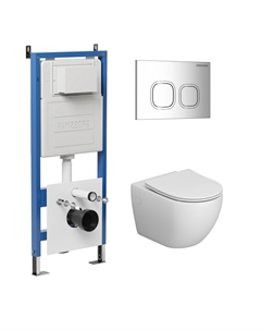Комплект Унитаз подвесной с инсталляцией Cosmo 97.4411SQ.02.100 безободковый, белый+ Кнопка смыва хром глянцевый Grossman