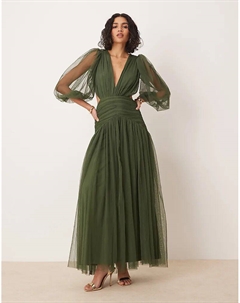 Платье макси с глубоким вырезом и асимметричным подолом, отделка кружевом и бисером, оливкового цвета Lace & beads