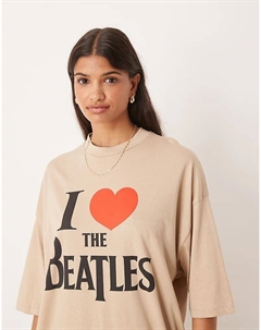 Футболка унисекс оверсайз бежевого цвета с принтом The Beatles Asos design