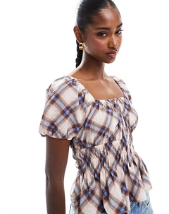 Коричневая клетчатая кофточка с короткими рукавами New look