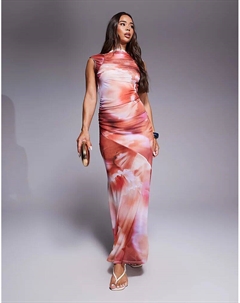 Платье макси с сетчатым принтом, короткими рукавами и открытой спиной с абстрактным принтом Asos design