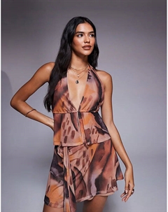 Сетчатый топ-халтер с открытой спиной и абстрактным принтом коричневого цвета от Asos design