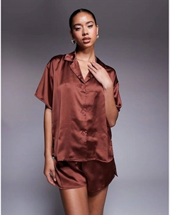 Коричневая атласная рубашка с короткими рукавами от Asos design