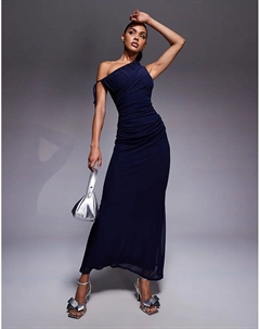 Платье макси из сетчатой ткани на одно плечо с драпировкой темно-синего цвета Asos design