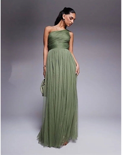 Платье макси на одно плечо с кружевом и бисером для подружек невесты нежно-оливкового цвета Lace & beads